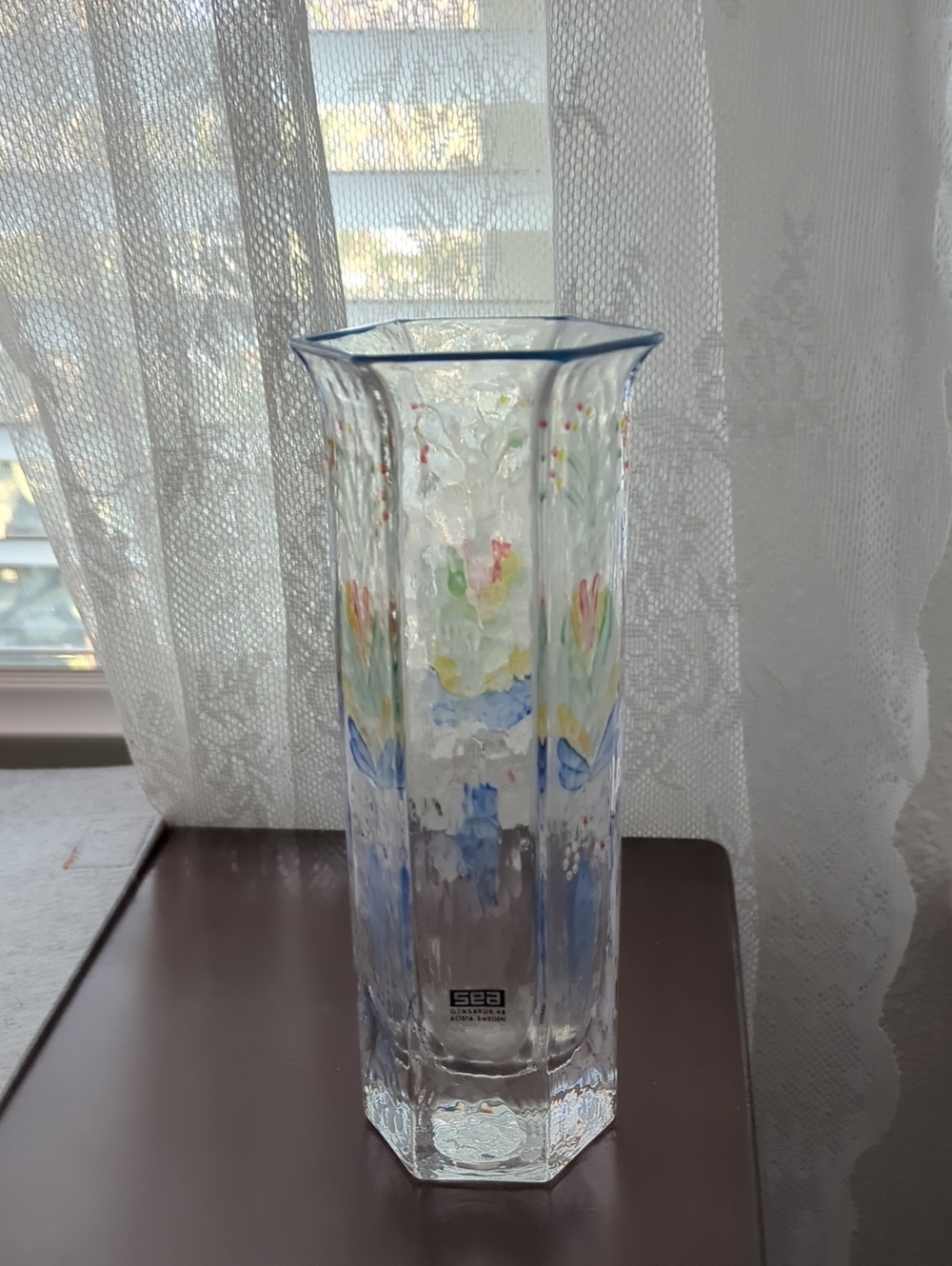 Vintage Swedish Hexagonal Hand Painted Vase